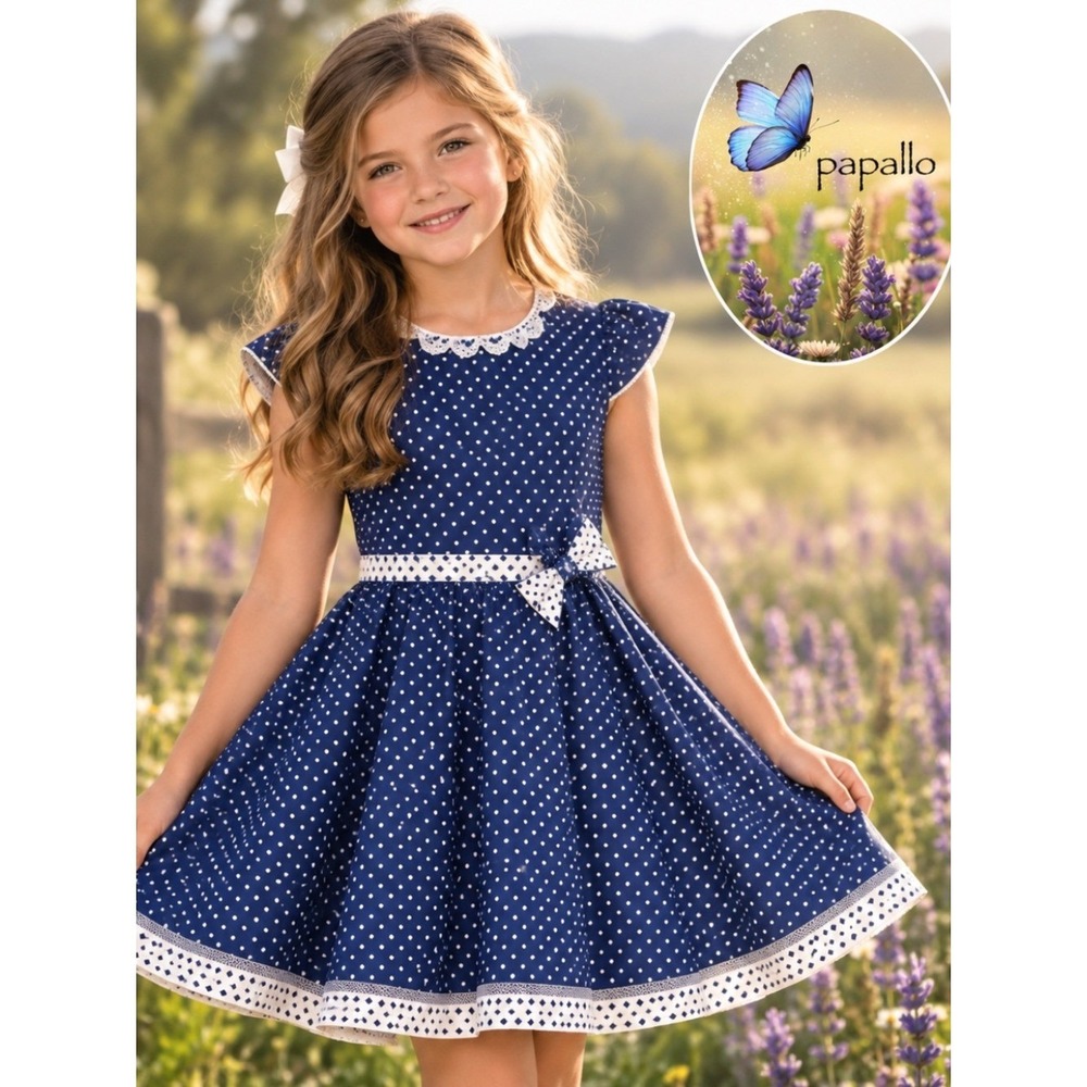 Jona Michelle Girls Navy White Polka Dot Fit-and-Flare Dress Sz 8 CO3484